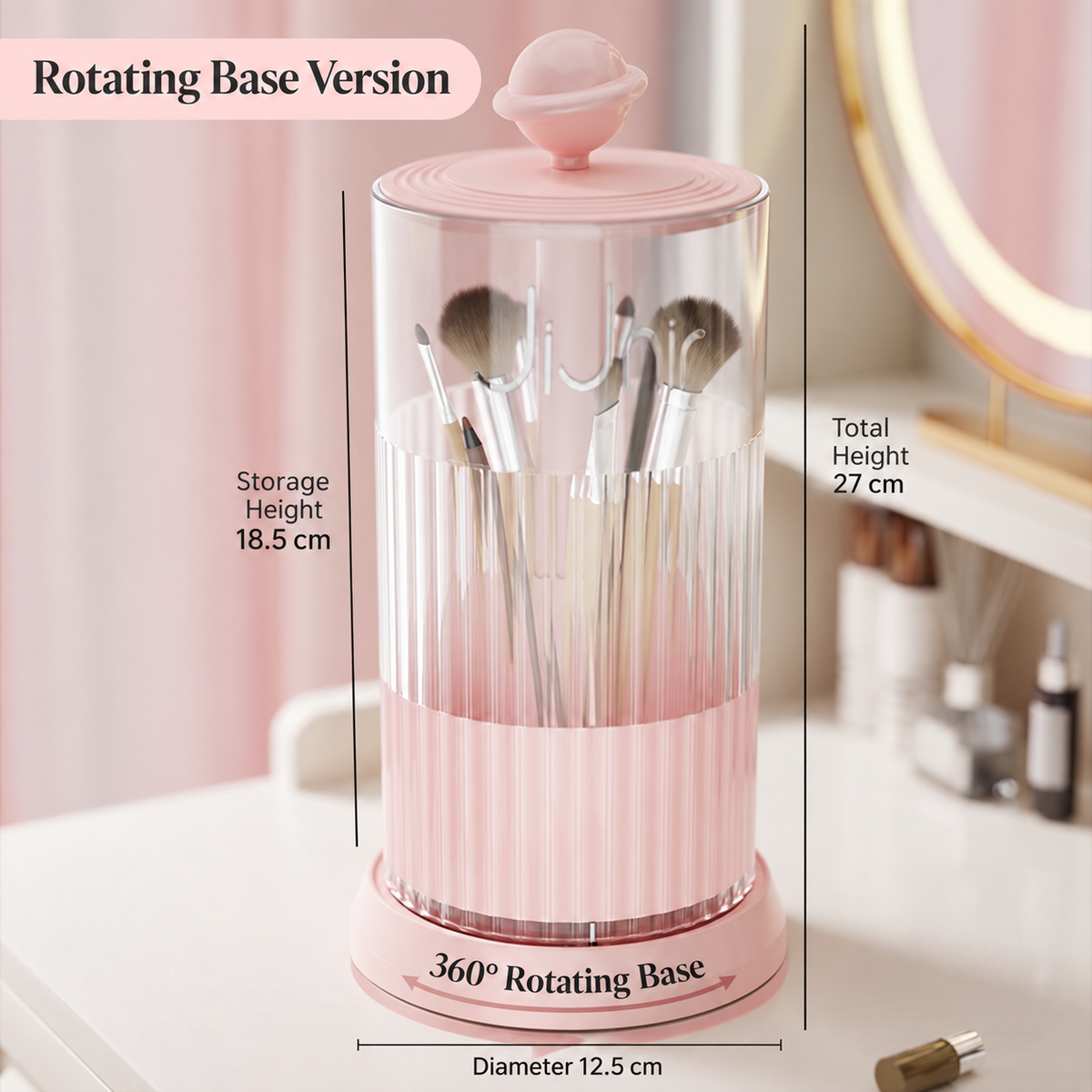 pink rotating makeup brush holder
press open cosmetic organizer
pink makeup brush cup
vanity brush holder 360
pink bathroom organizer