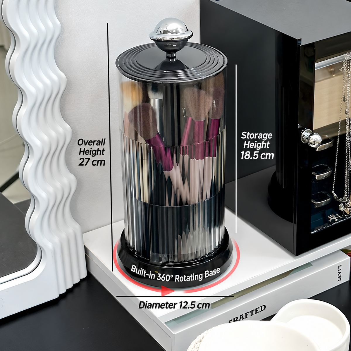 black rotating makeup brush holder
press open cosmetic organizer
black makeup brush cup silver ball
vanity brush holder 360
black bathroom organizer