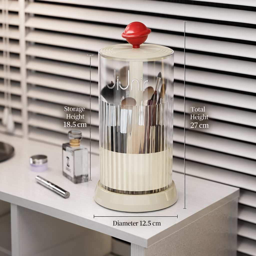 rotating makeup brush holder
press open cosmetic organizer
white makeup brush cup
vanity brush holder 360
bathroom toothbrush holder