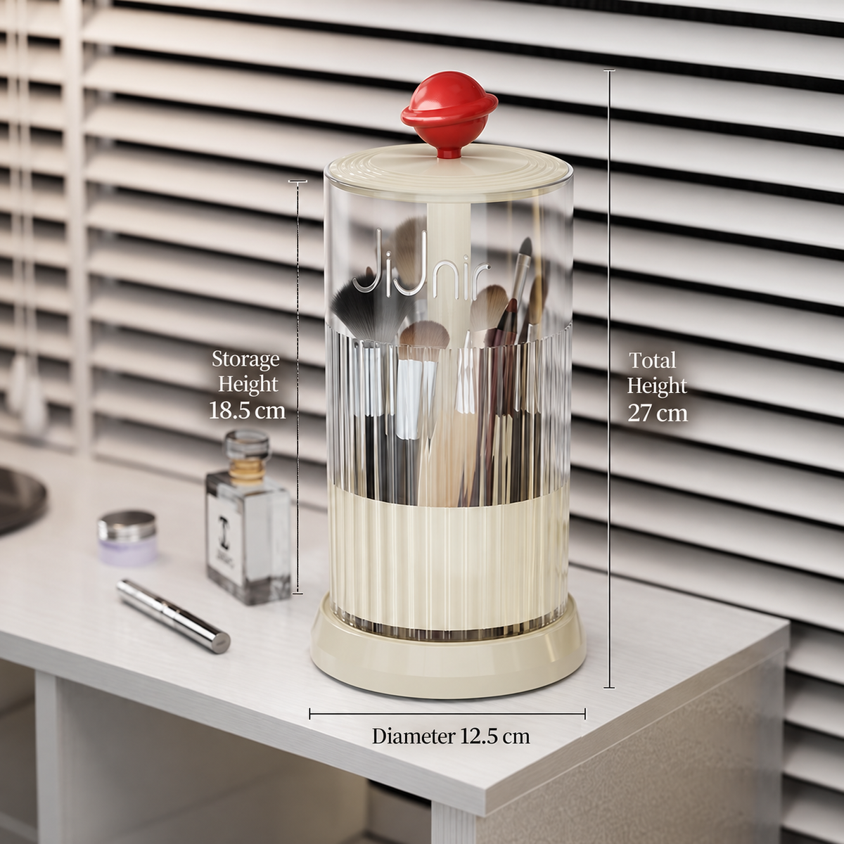 rotating makeup brush holder
press open cosmetic organizer
white makeup brush cup
vanity brush holder 360
bathroom toothbrush holder