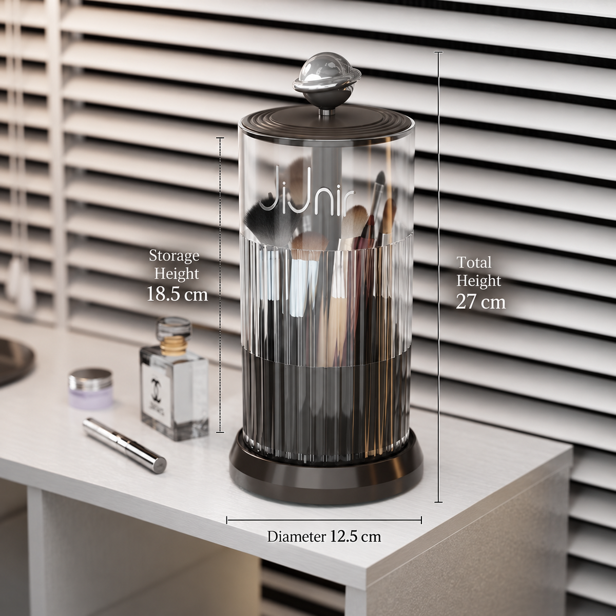 black rotating makeup brush holder
press open cosmetic organizer
black makeup brush cup silver ball
vanity brush holder 360
black bathroom organizer