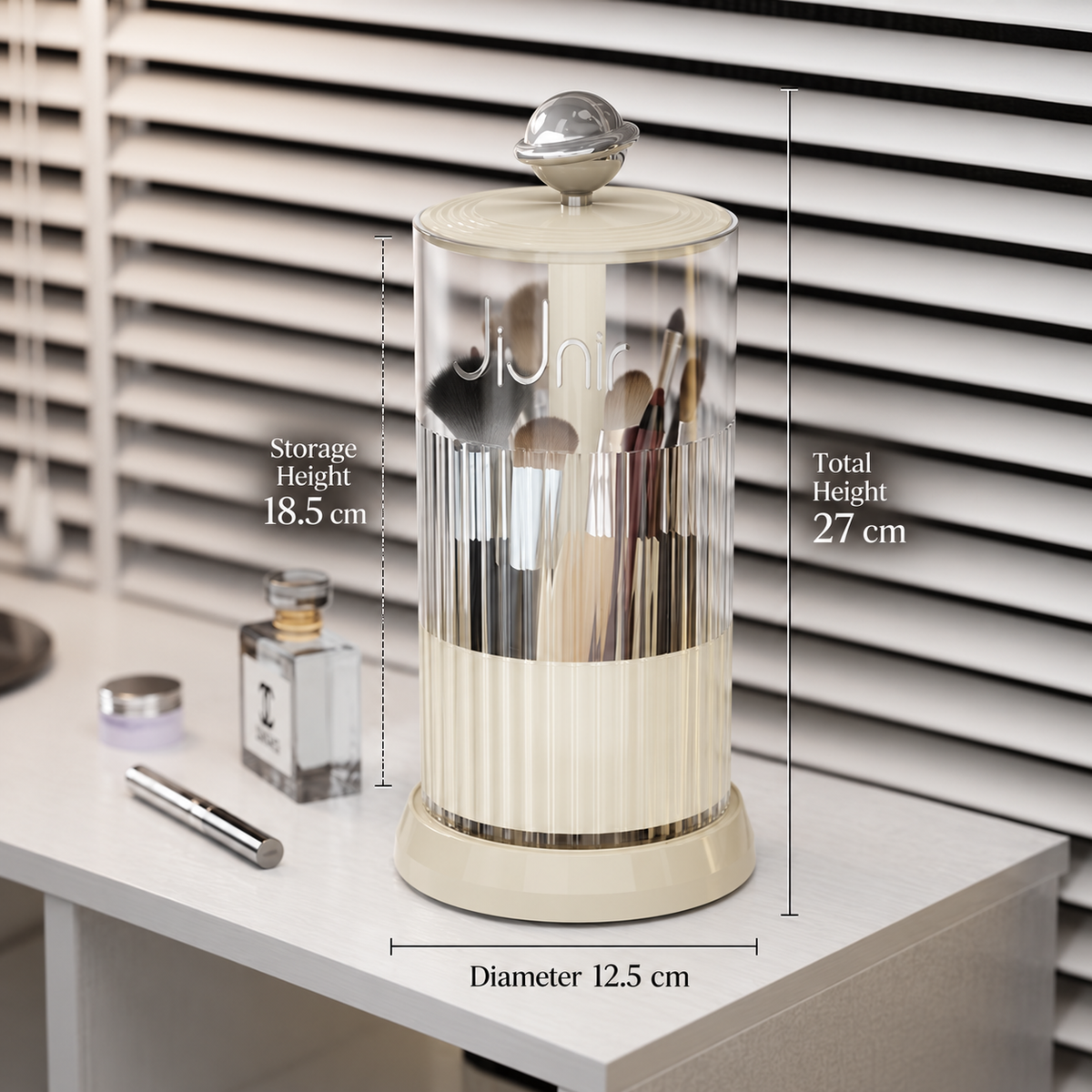 rotating makeup brush holder
press open cosmetic organizer
white makeup brush cup silver ball
vanity brush holder 360
bathroom toothbrush holder
