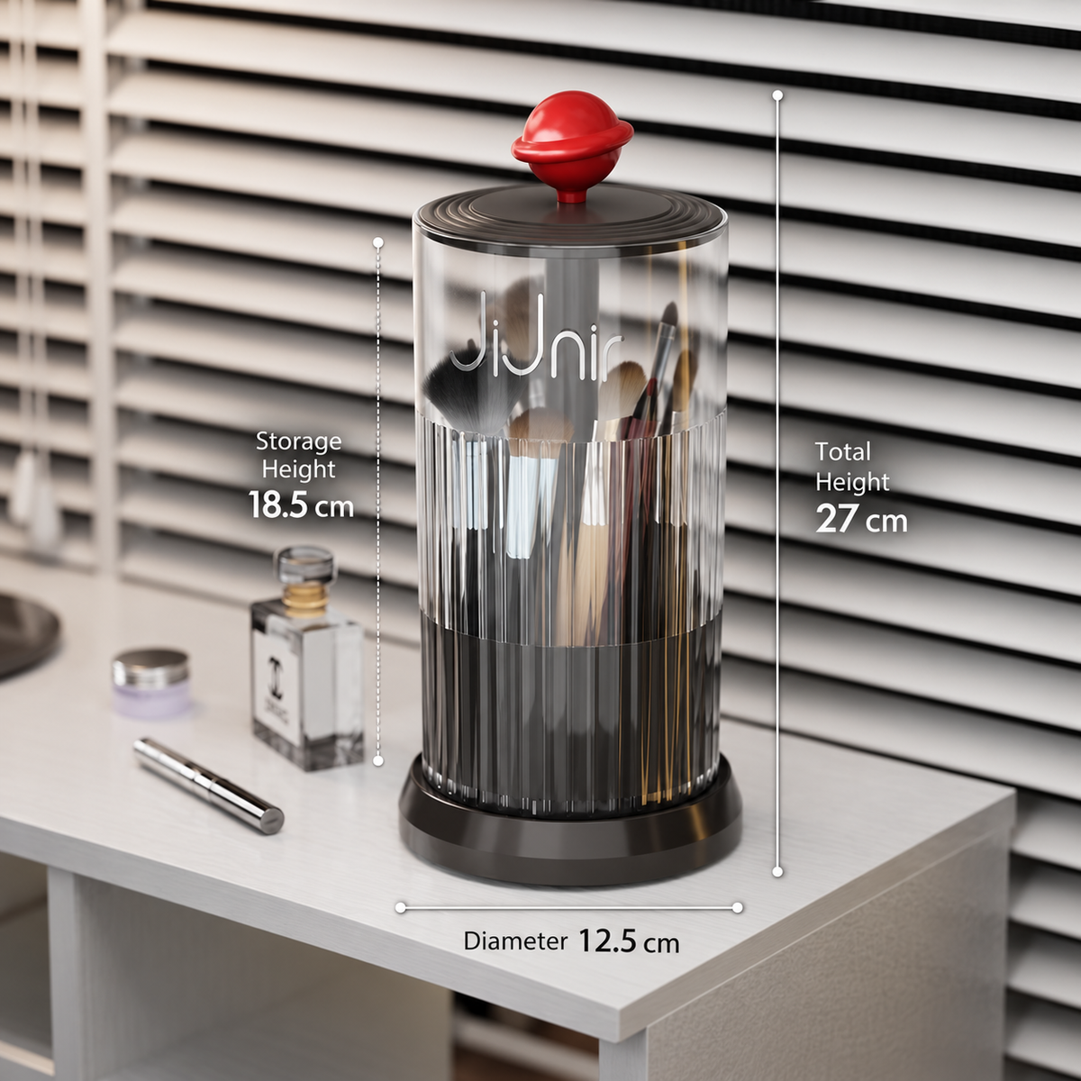 black rotating makeup brush holder
press open cosmetic organizer
black makeup brush cup red ball
vanity brush holder 360
black bathroom organizer