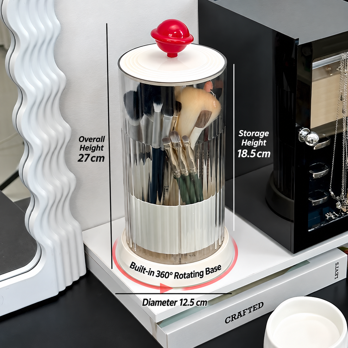 rotating makeup brush holder
press open cosmetic organizer
white makeup brush cup
vanity brush holder 360
bathroom toothbrush holder
