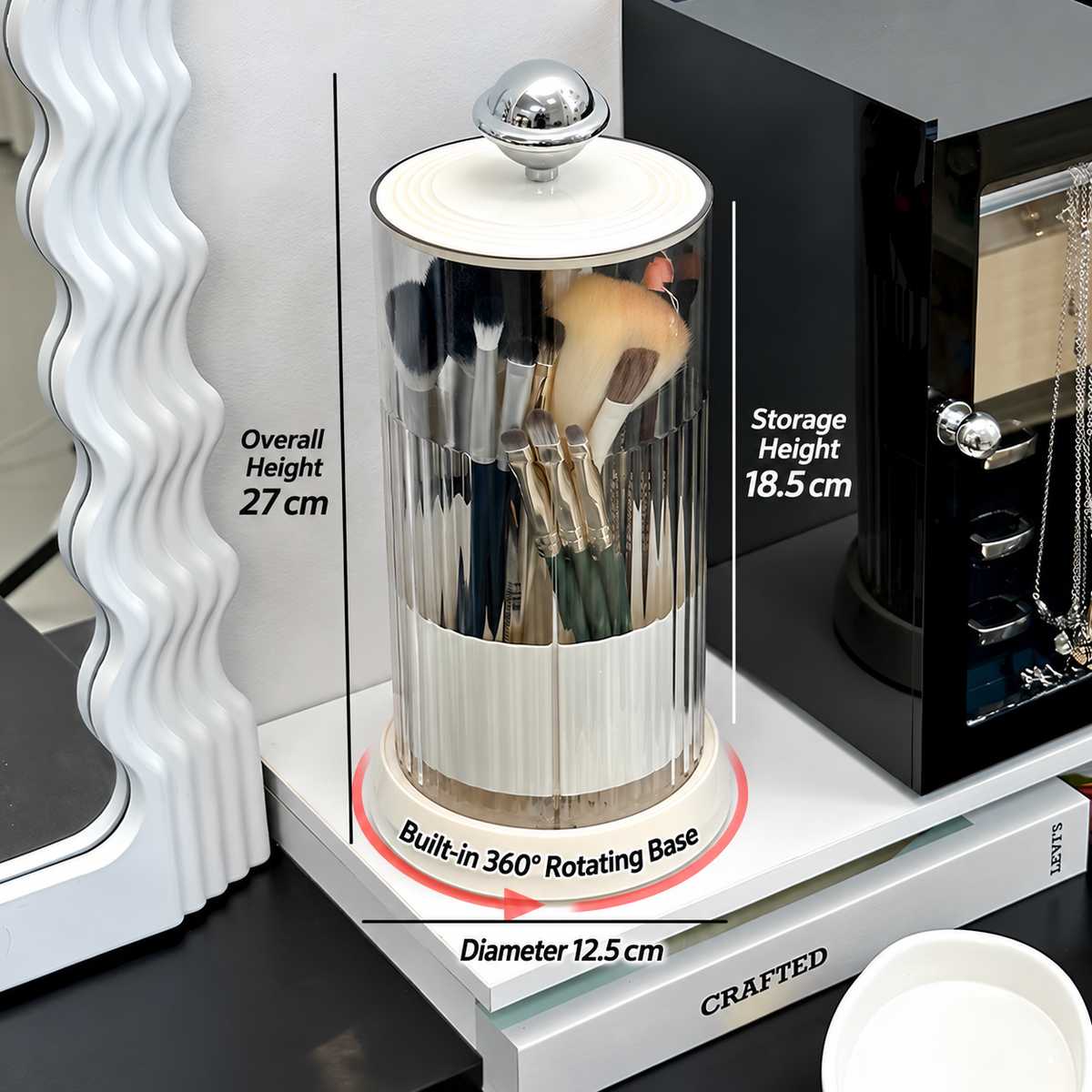 rotating makeup brush holder
press open cosmetic organizer
white makeup brush cup silver ball
vanity brush holder 360
bathroom toothbrush holder