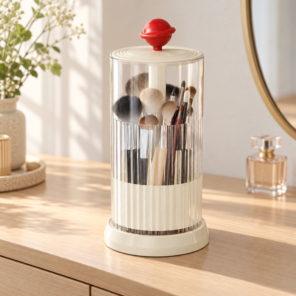 rotating makeup brush holder
press open cosmetic organizer
white makeup brush cup
vanity brush holder 360
bathroom toothbrush holder
