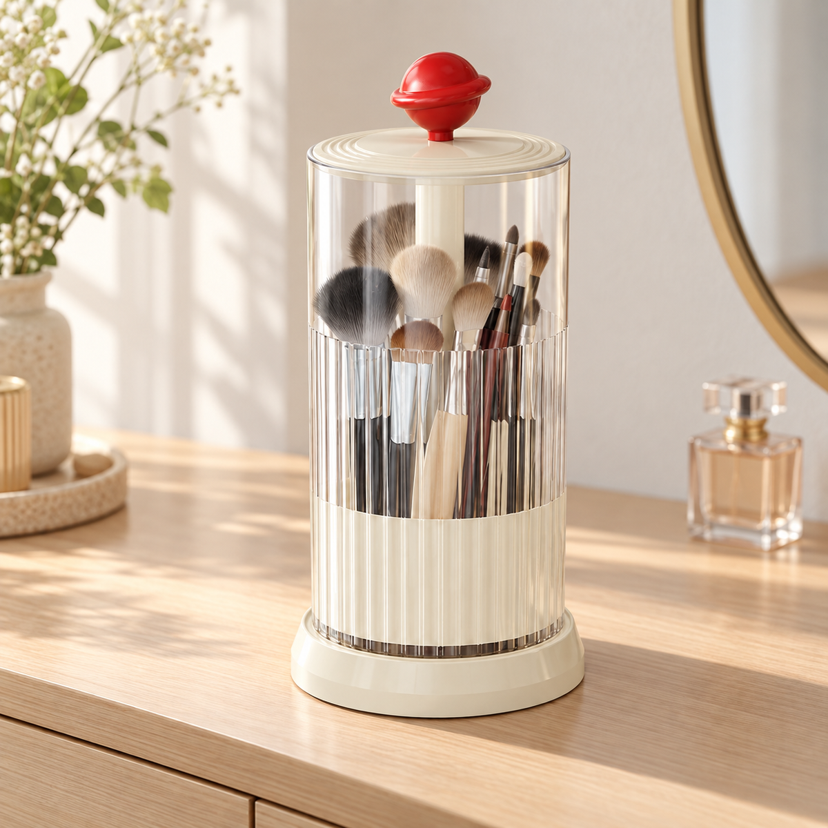 rotating makeup brush holder
press open cosmetic organizer
white makeup brush cup
vanity brush holder 360
bathroom toothbrush holder