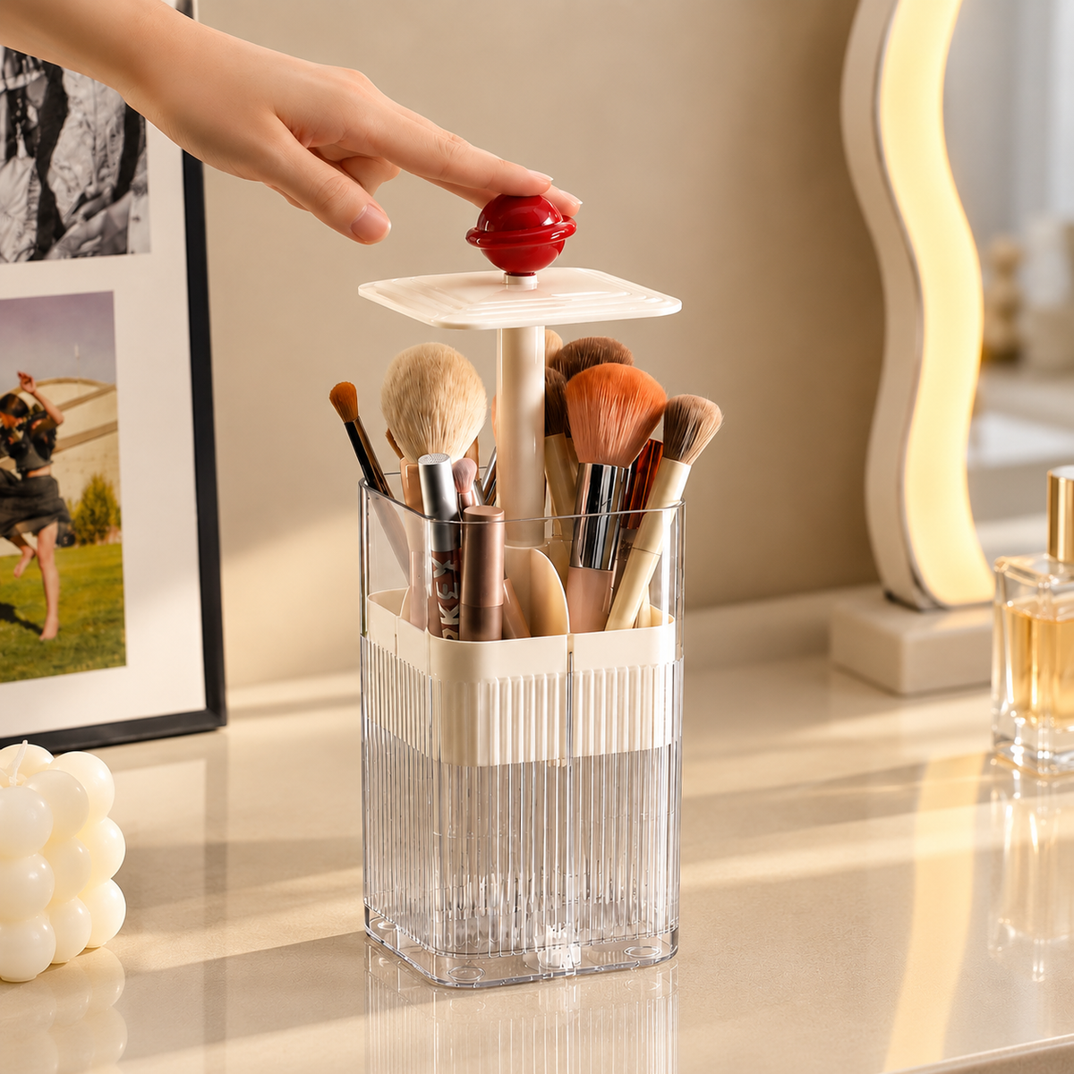 square makeup brush holder
press open cosmetic box
white makeup brush cup red ball
vanity organizer
bathroom toothbrush cup