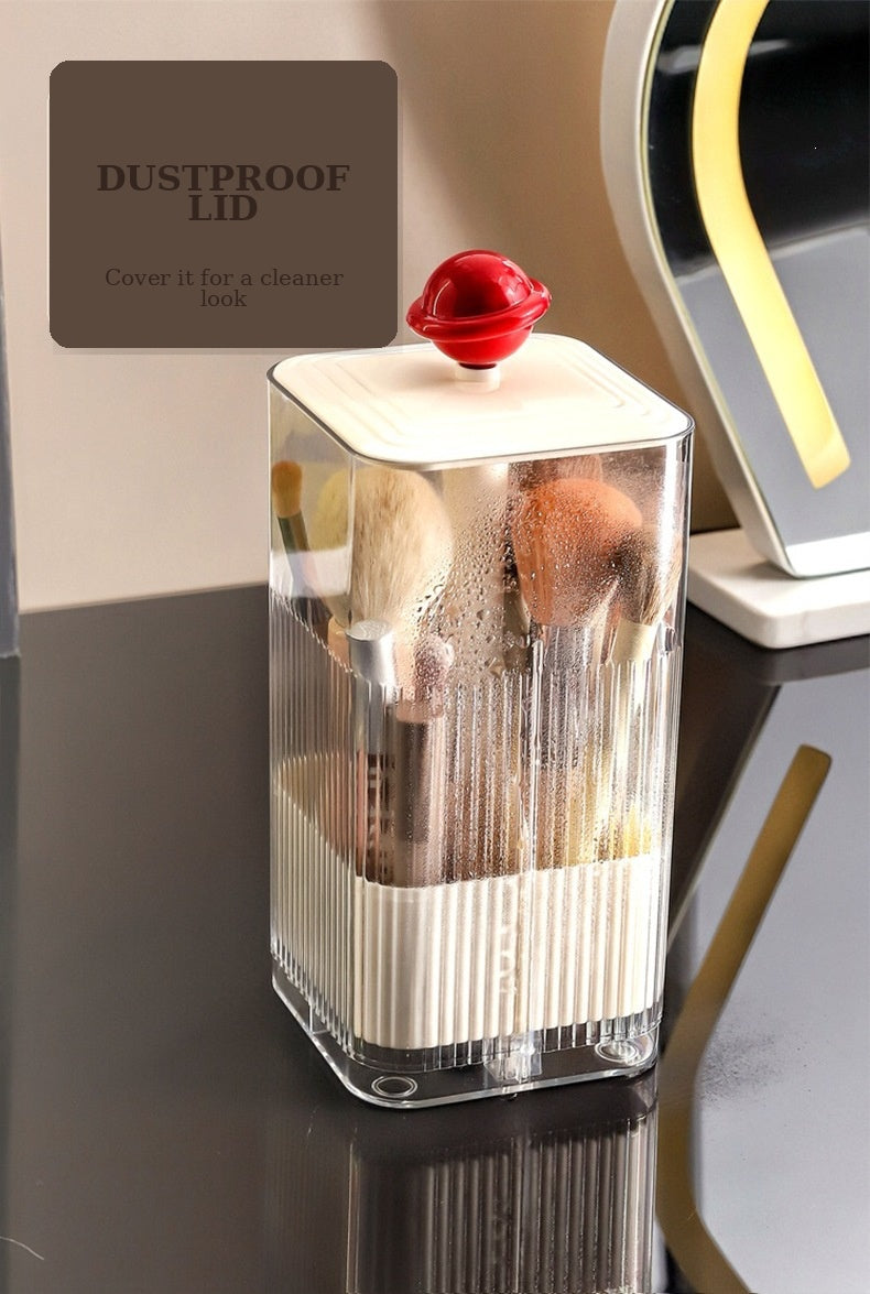 square makeup brush holder
press open cosmetic box
white makeup brush cup red ball
vanity organizer
bathroom toothbrush cup