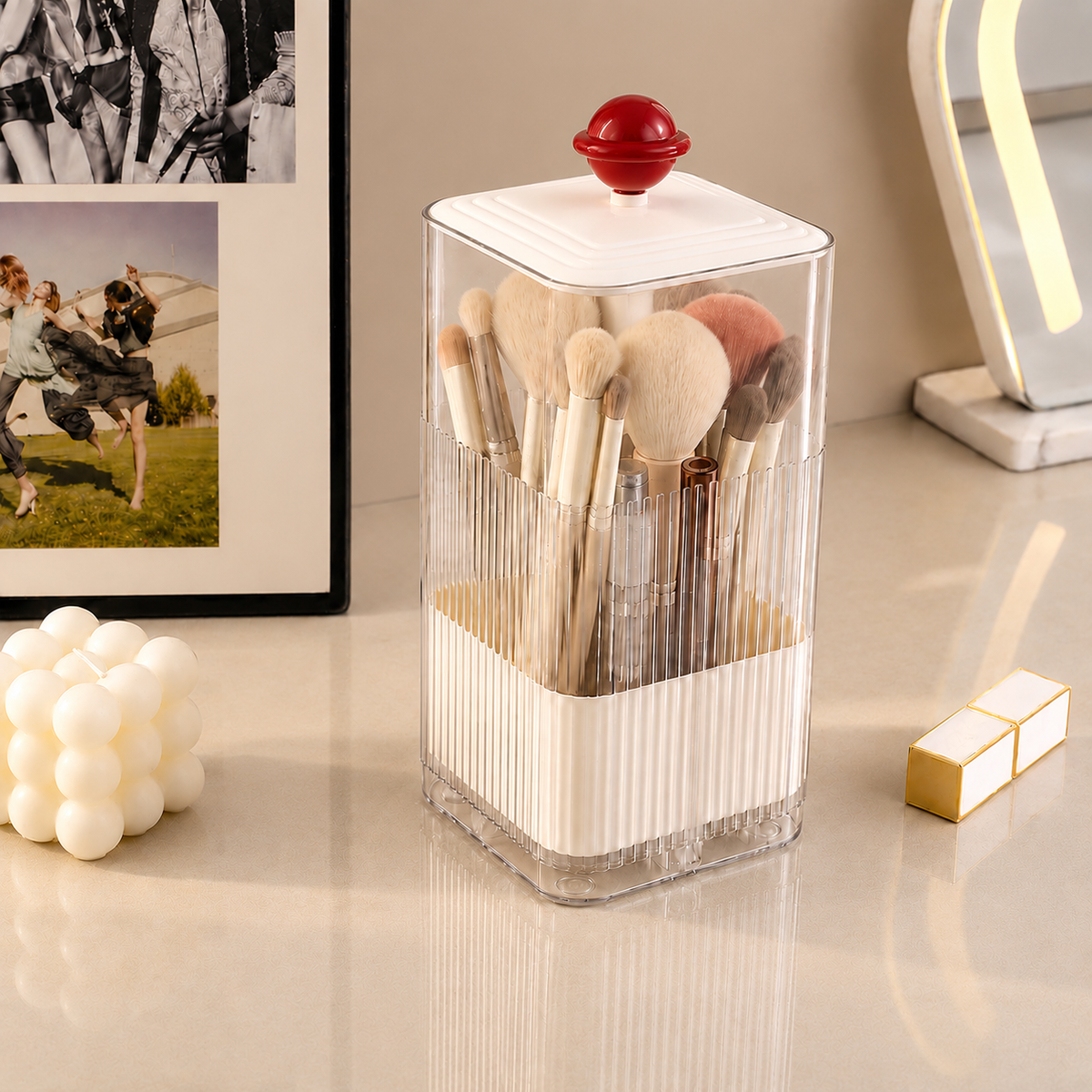 square makeup brush holder
press open cosmetic box
white makeup brush cup red ball
vanity organizer
bathroom toothbrush cup