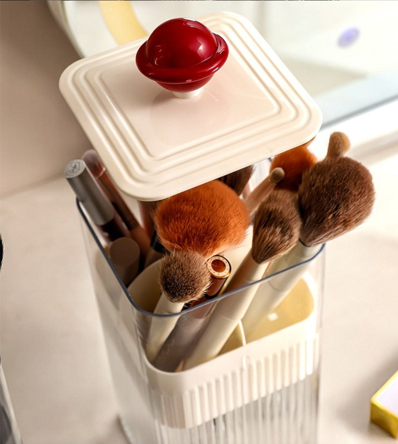 square makeup brush holder
press open cosmetic box
white makeup brush cup red ball
vanity organizer
bathroom toothbrush cup