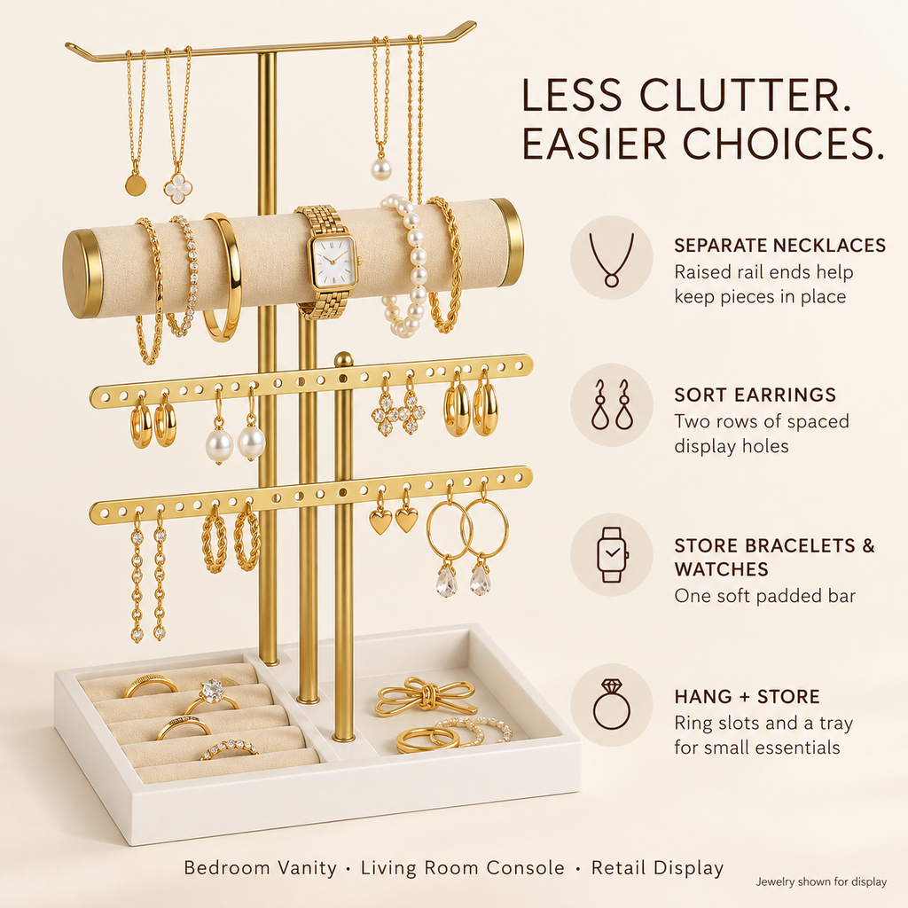 5 in 1 gold jewelry organizer stand
velvet t bar bracelet watch holder
earring necklace display rack
ring tray jewelry stand
wholesale luxury jewelry display

