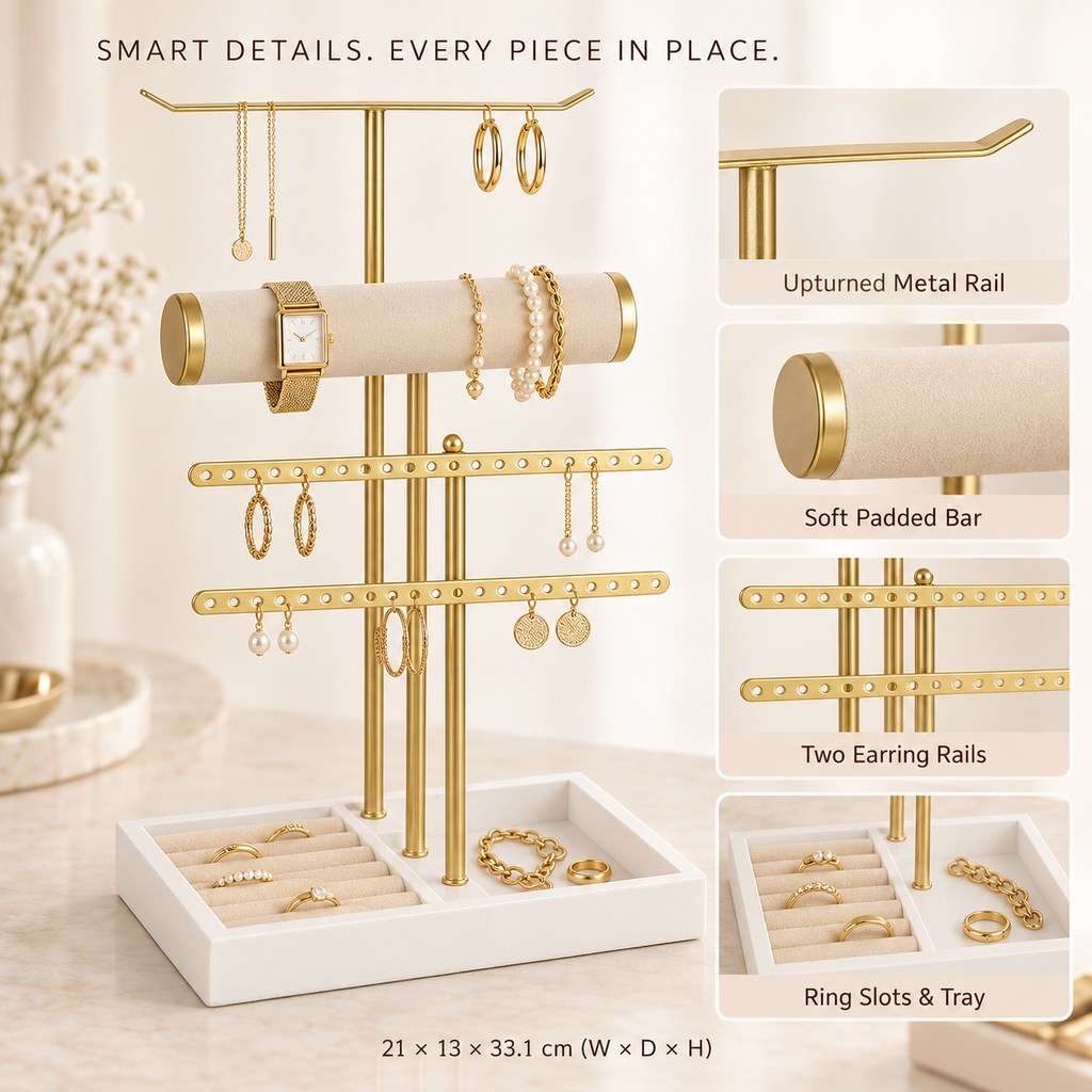 5 in 1 gold jewelry organizer stand
velvet t bar bracelet watch holder
earring necklace display rack
ring tray jewelry stand
wholesale luxury jewelry display
