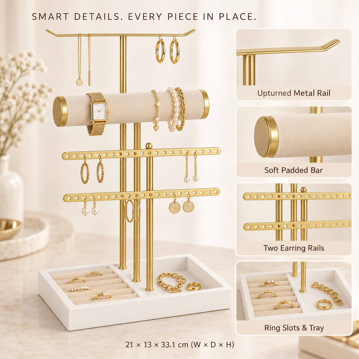 5 in 1 gold jewelry organizer stand
velvet t bar bracelet watch holder
earring necklace display rack
ring tray jewelry stand
wholesale luxury jewelry display
