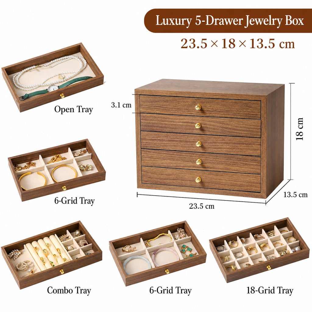 walnut wood 5 tier shelf
tall wooden organizer
cosmetic storage rack
vanity jewelry shelf
wood display rack