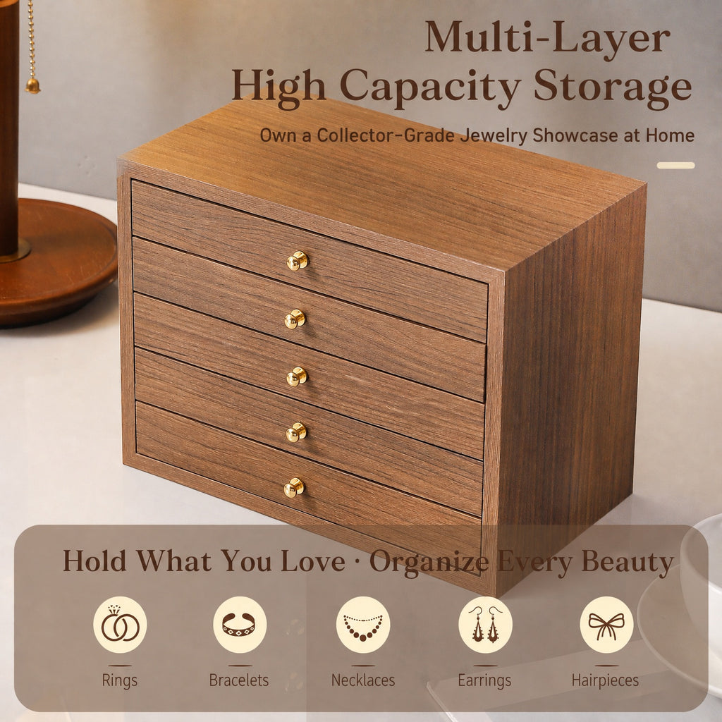 walnut wood 5 tier shelf
tall wooden organizer
cosmetic storage rack
vanity jewelry shelf
wood display rack