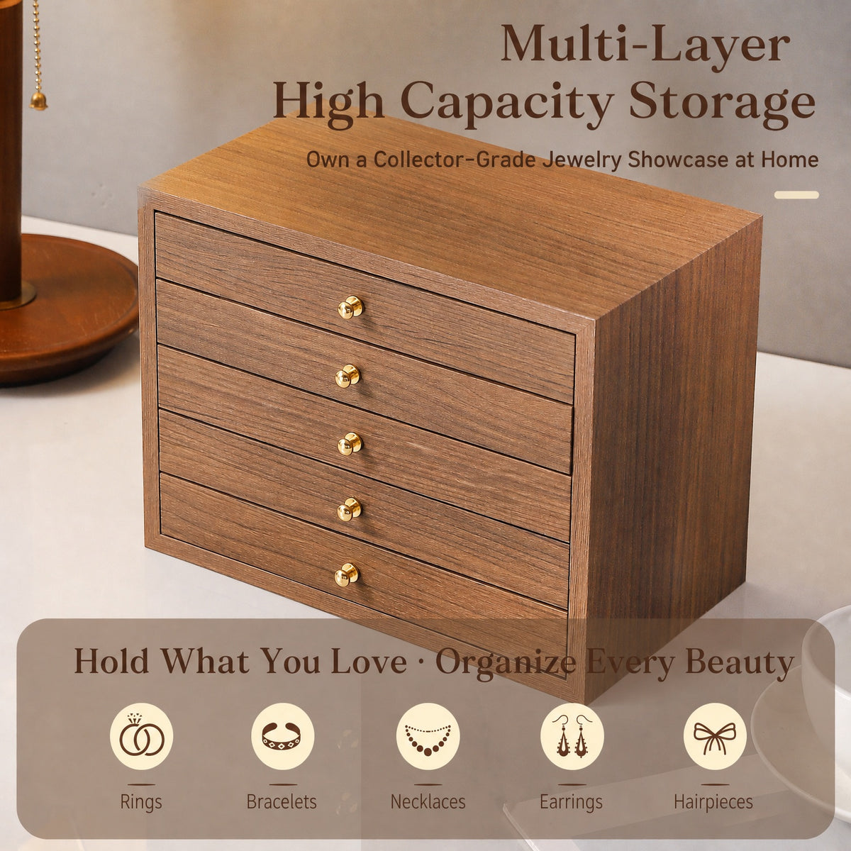 walnut wood 5 tier shelf
tall wooden organizer
cosmetic storage rack
vanity jewelry shelf
wood display rack