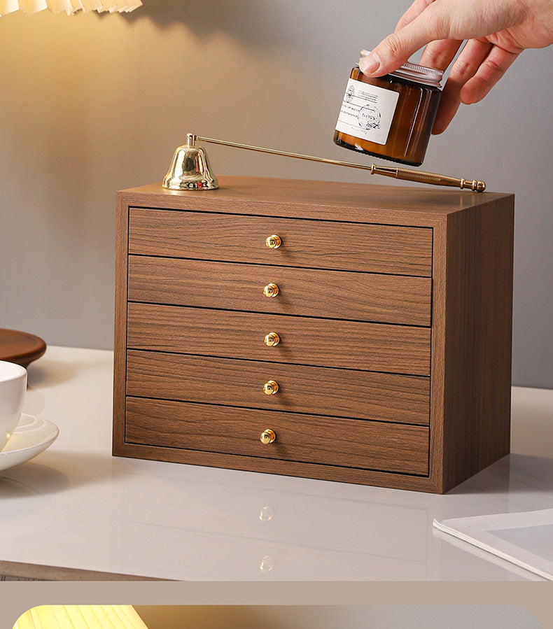 walnut wood 5 tier shelf
tall wooden organizer
cosmetic storage rack
vanity jewelry shelf
wood display rack