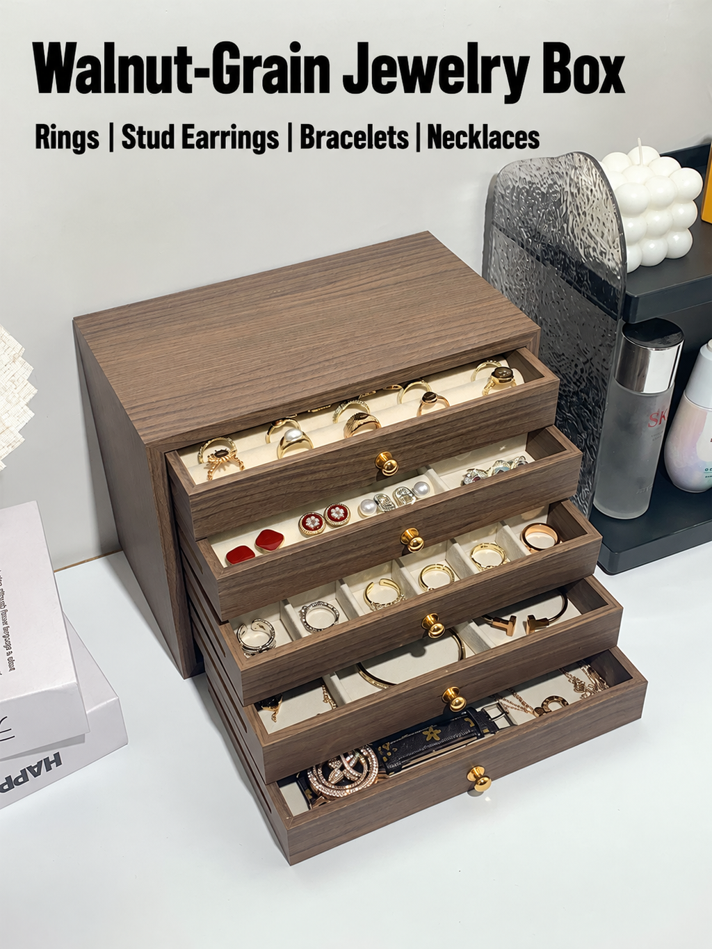 walnut wood 5 tier shelf
tall wooden organizer
cosmetic storage rack
vanity jewelry shelf
wood display rack