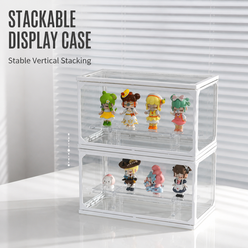 Medium Acrylic Blind Box Display Case, Stackable Side Door Figure Storage Box, Dustproof Collectibles Organizer with Tiered Shelf, for POP MART Figures