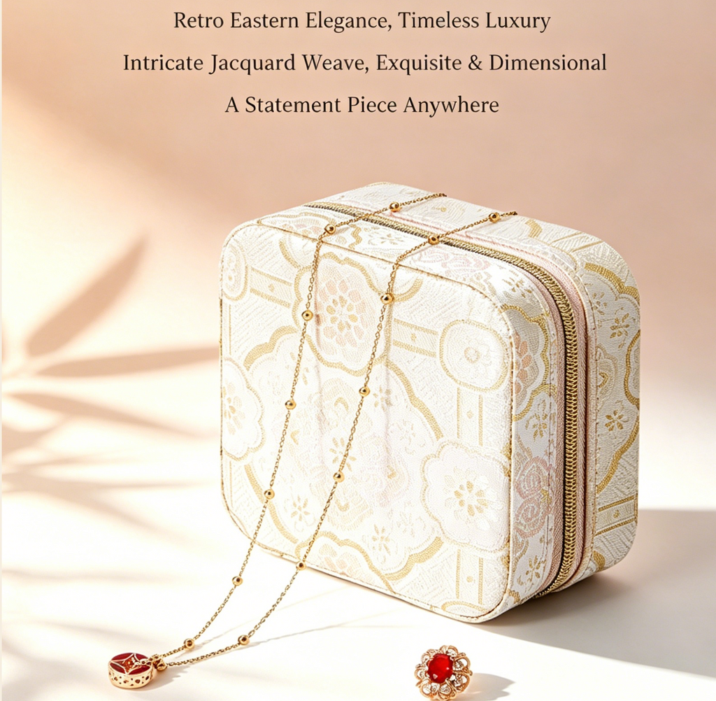 Retro Chinese Style Travel Jewelry Box, Jacquard Weave PU Leather Portable Jewelry Organizer Case for Necklaces, Rings & Earrings