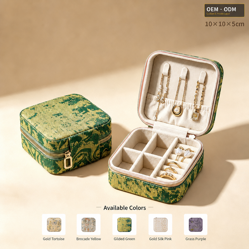 Retro Chinese Style Travel Jewelry Box, Jacquard Weave PU Leather Portable Jewelry Organizer Case for Necklaces, Rings & Earrings