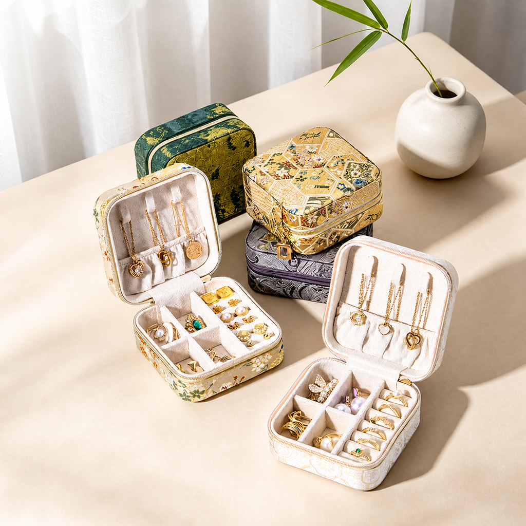 Retro Chinese Style Travel Jewelry Box, Jacquard Weave PU Leather Portable Jewelry Organizer Case for Necklaces, Rings & Earrings