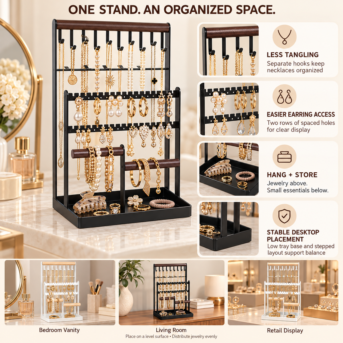 3 tier metal jewelry organizer stand
earring necklace bracelet holder
modern jewelry tree rack
wood base tray jewelry organizer
wholesale jewelry display stand
