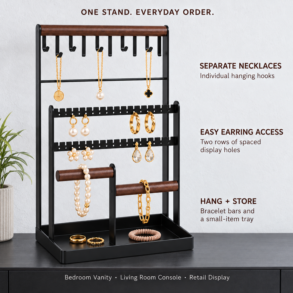 3 tier metal jewelry organizer stand
earring necklace bracelet holder
modern jewelry tree rack
wood base tray jewelry organizer
wholesale jewelry display stand
