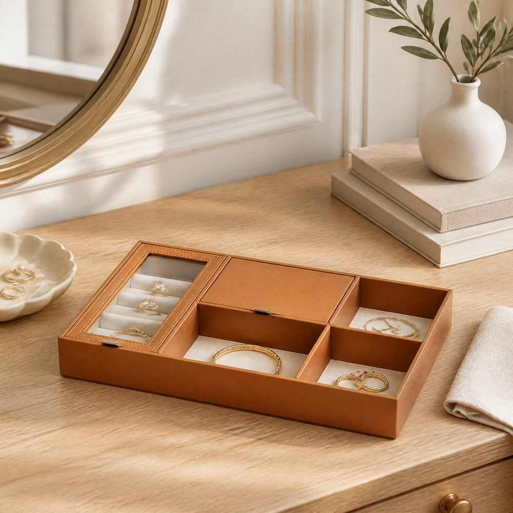 Compartmentalized Velvet Jewelry Tray, Stackable Jewelry Display Organizer for Ring Earring Necklace Bracelet, Vanity Dresser Storage