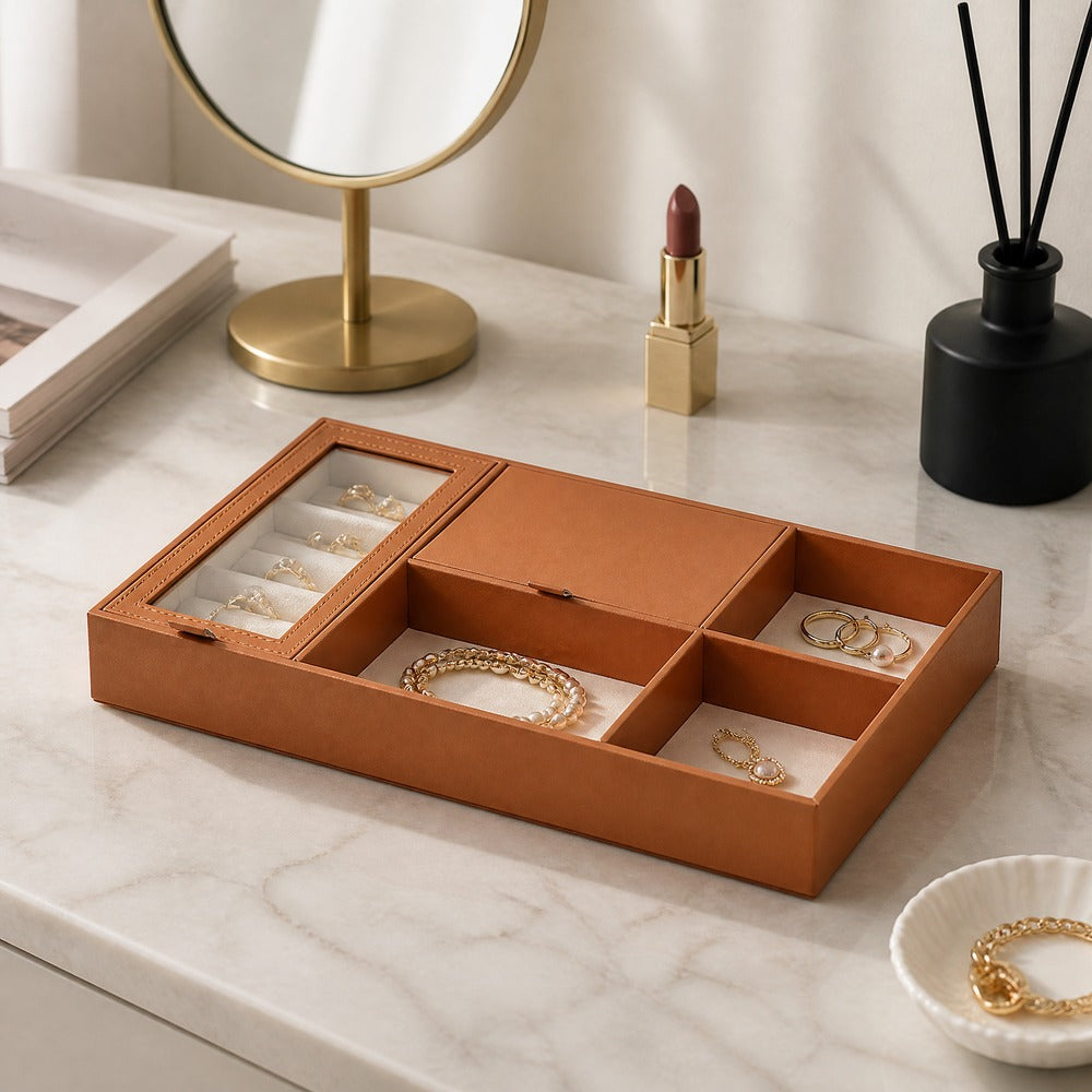 Compartmentalized Velvet Jewelry Tray, Stackable Jewelry Display Organizer for Ring Earring Necklace Bracelet, Vanity Dresser Storage