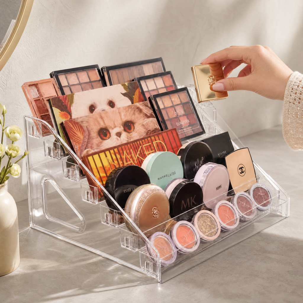3-tier Clear Acrylic Makeup Organizer Trapezoid Display Stand Cosmetic Storage