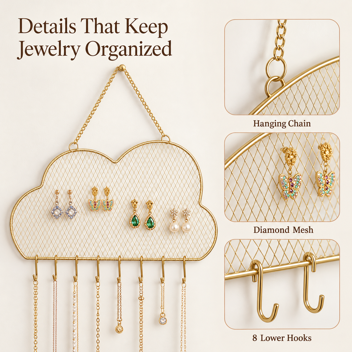 cloud wall mounted jewelry organizer
gold wire mesh earring holder
necklace hook wall display rack
nordic jewelry hanger
wholesale wall jewelry organizer
