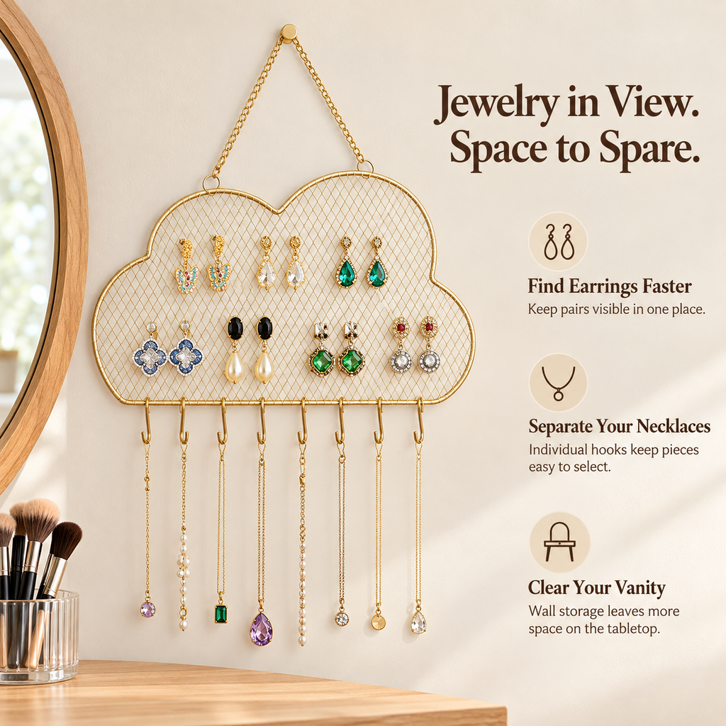 cloud wall mounted jewelry organizer
gold wire mesh earring holder
necklace hook wall display rack
nordic jewelry hanger
wholesale wall jewelry organizer
