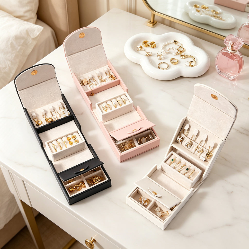 Mini PU Leather Travel Jewelry Box with Handle, Flip-open Multi-layer Jewelry Organizer, Portable Storage Case for Rings Earrings Necklaces, Gift for Women