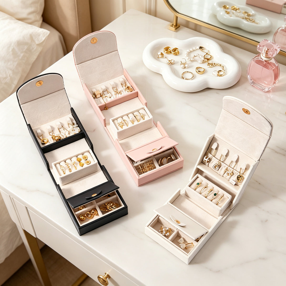 Mini PU Leather Travel Jewelry Box with Handle, Flip-open Multi-layer Jewelry Organizer, Portable Storage Case for Rings Earrings Necklaces, Gift for Women