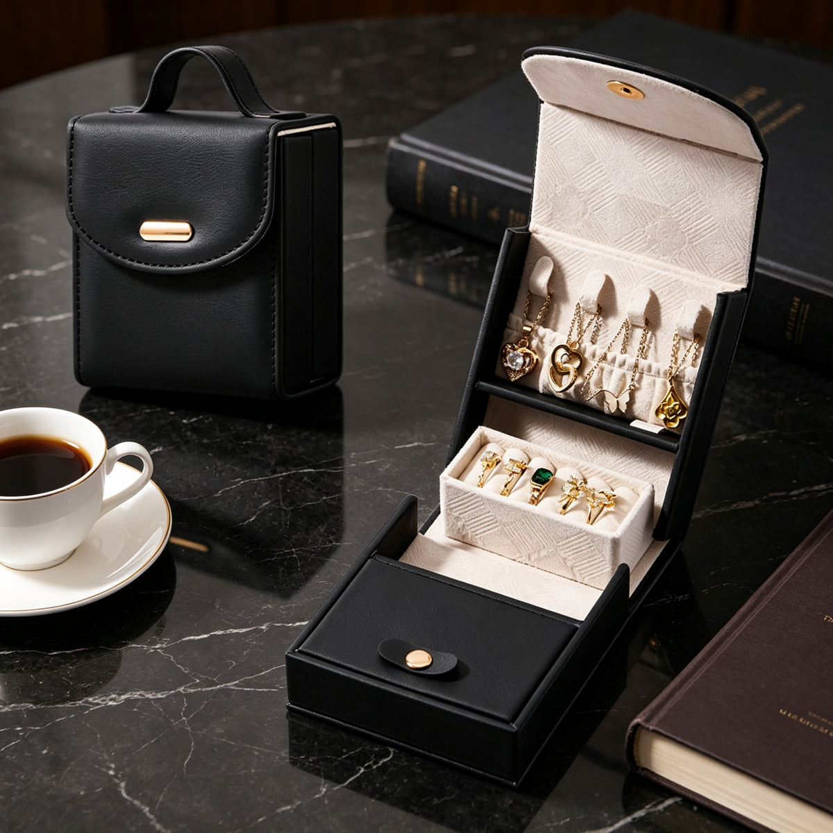 Mini PU Leather Travel Jewelry Box with Handle, Flip-open Multi-layer Jewelry Organizer, Portable Storage Case for Rings Earrings Necklaces, Gift for Women