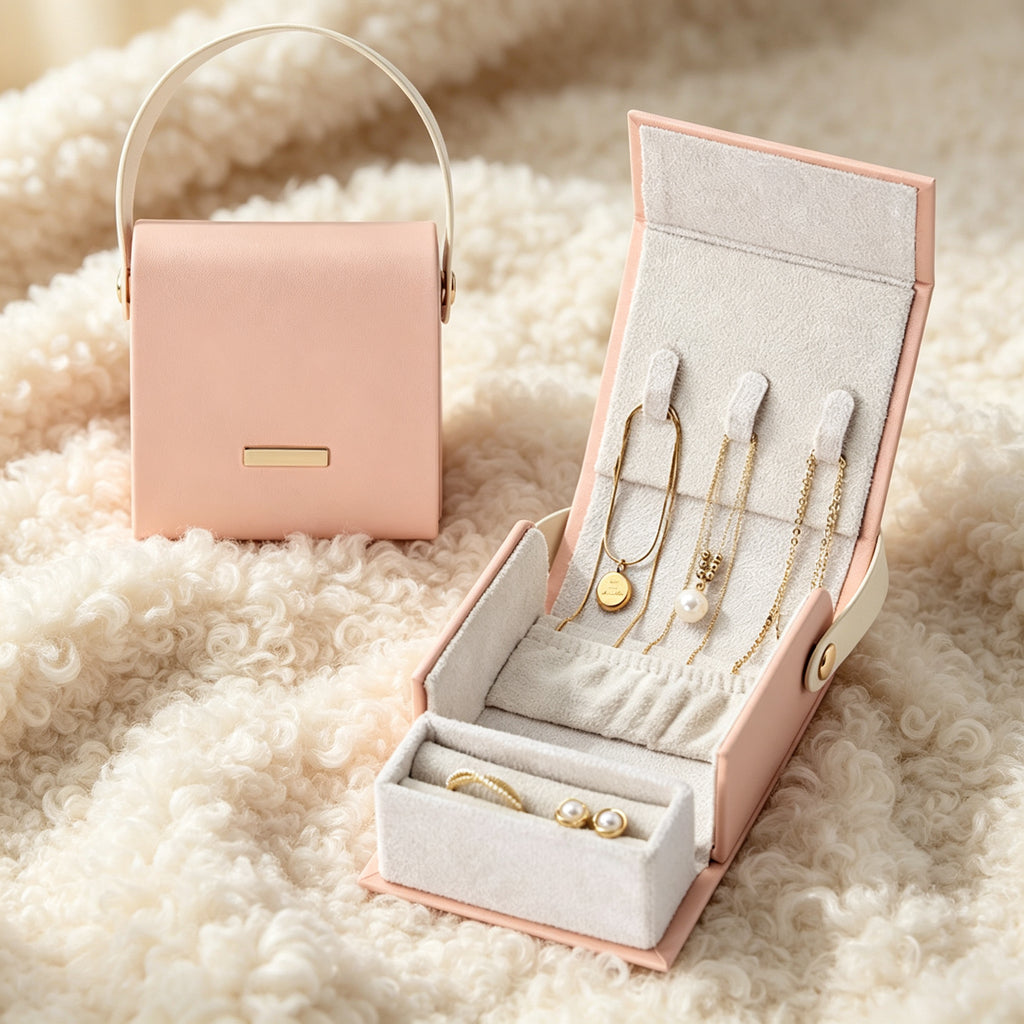 PU Leather Travel Jewelry Box with Handle, Portable Mini Jewelry Organizer for Necklaces, Rings & Earrings