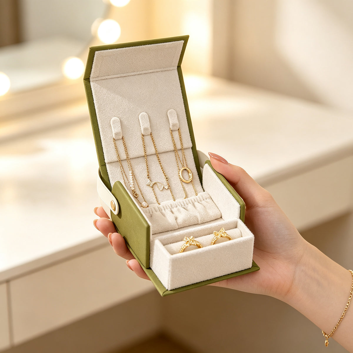 PU Leather Travel Jewelry Box with Handle, Portable Mini Jewelry Organizer for Necklaces, Rings & Earrings