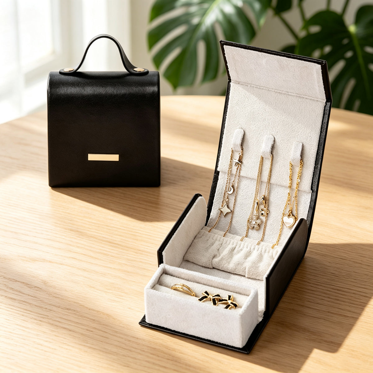 PU Leather Travel Jewelry Box with Handle, Portable Mini Jewelry Organizer for Necklaces, Rings & Earrings