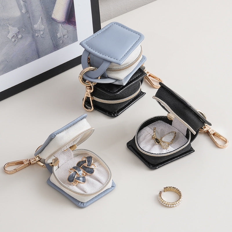 PU Leather Mini Square Jewelry Box with Carabiner Clip, Portable Travel Earring Ring Organizer, Small Zipper Jewelry Pouch