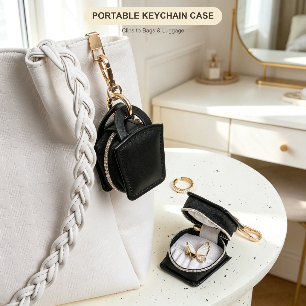 PU Leather Mini Square Jewelry Box with Carabiner Clip, Portable Travel Earring Ring Organizer, Small Zipper Jewelry Pouch