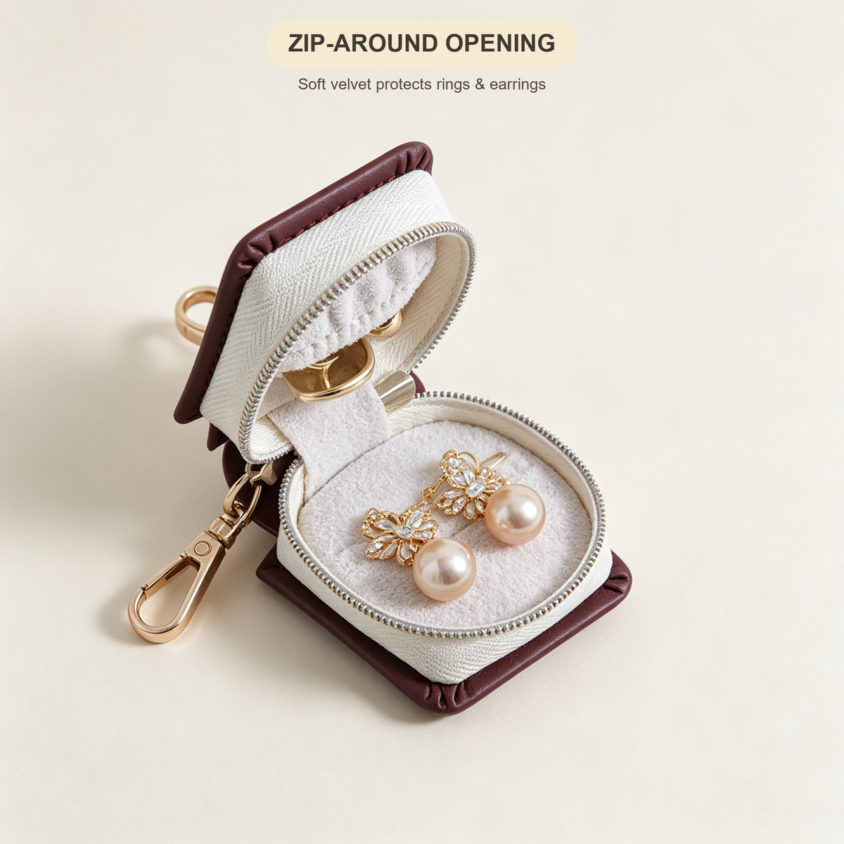 PU Leather Mini Square Jewelry Box with Carabiner Clip, Portable Travel Earring Ring Organizer, Small Zipper Jewelry Pouch
