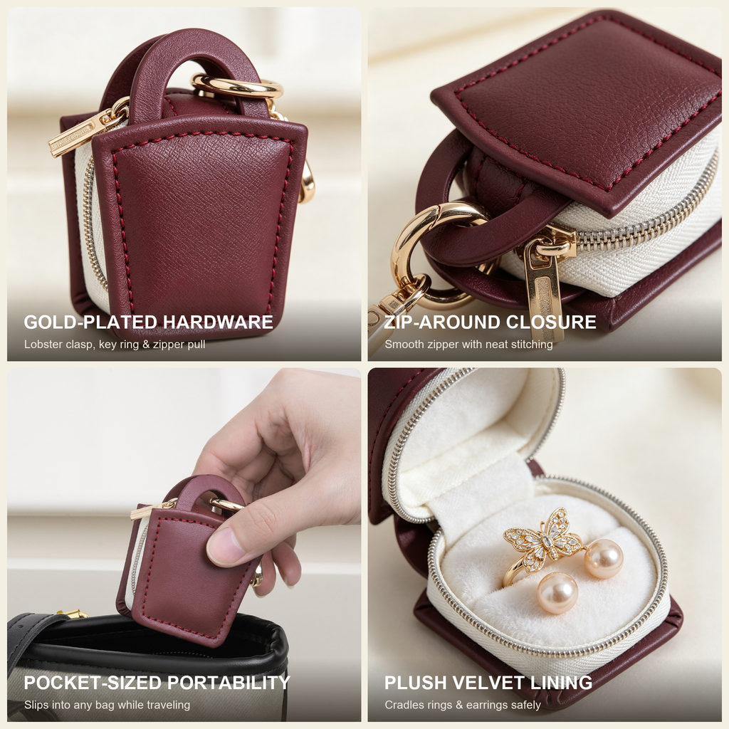 PU Leather Mini Square Jewelry Box with Carabiner Clip, Portable Travel Earring Ring Organizer, Small Zipper Jewelry Pouch