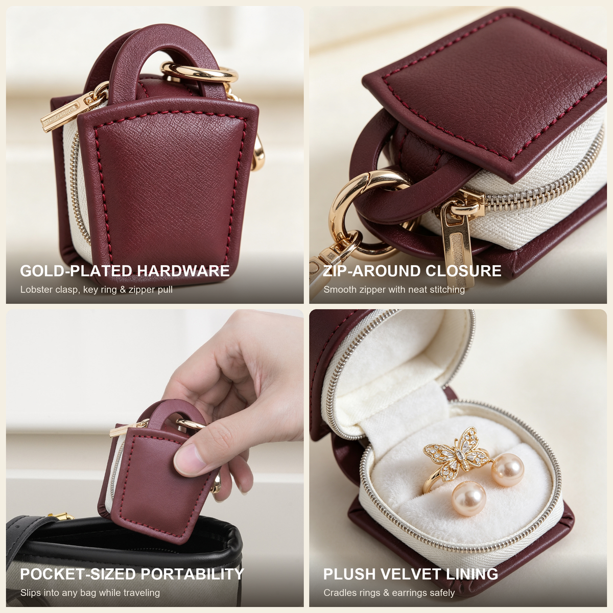 PU Leather Mini Square Jewelry Box with Carabiner Clip, Portable Travel Earring Ring Organizer, Small Zipper Jewelry Pouch