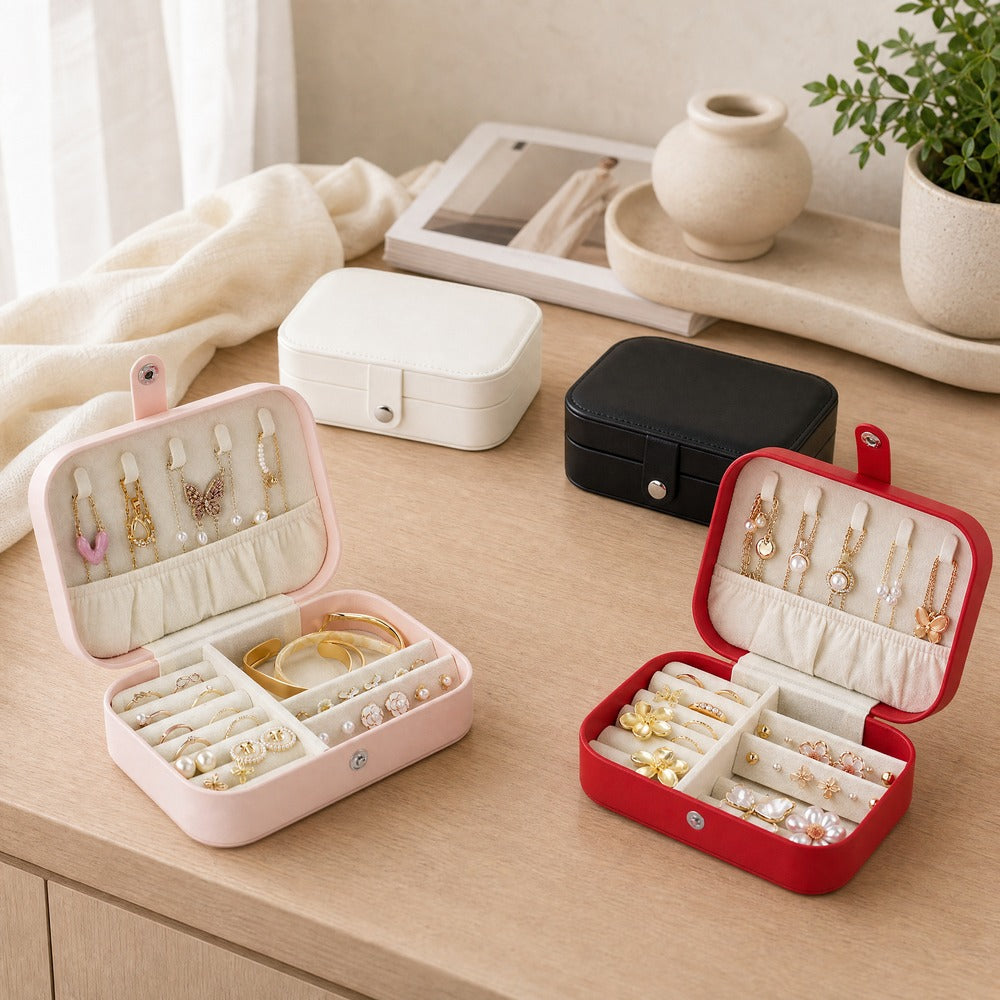 PU Leather Simple Single Layer Jewelry Box, Portable Travel Ring Earring Necklace Organizer Case
