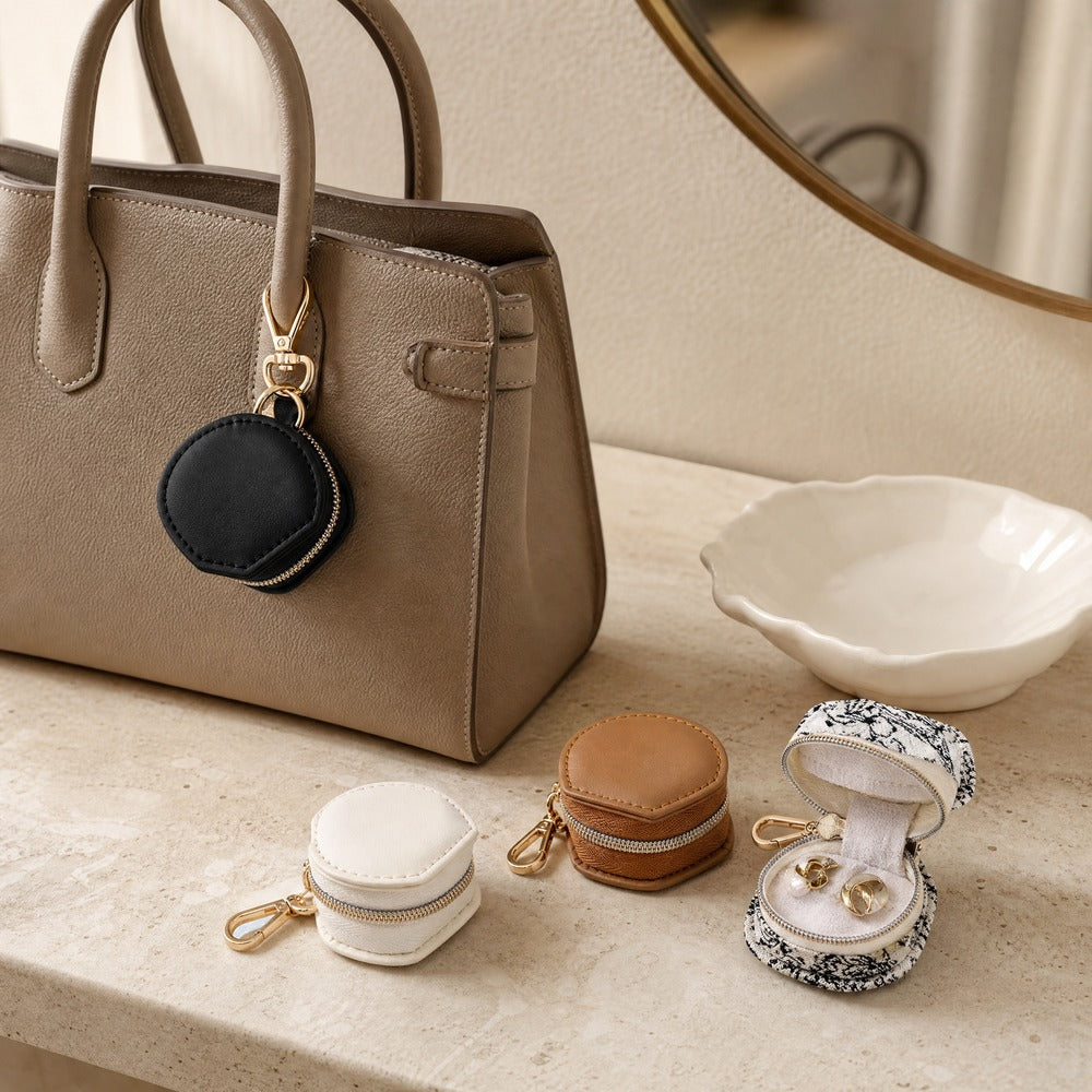 PU Leather Mini Handbag Jewelry Box, Portable Travel Ring Earring Necklace Organizer Case