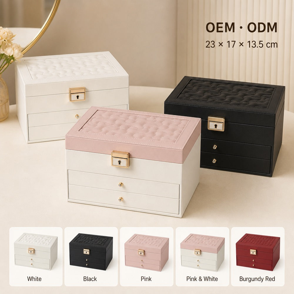 Quilted PU Leather Jewelry Box with 2 Drawers, Large Travel Jewelry Organizer Case for Ring Earring Necklace Bracelet, Gift for Women