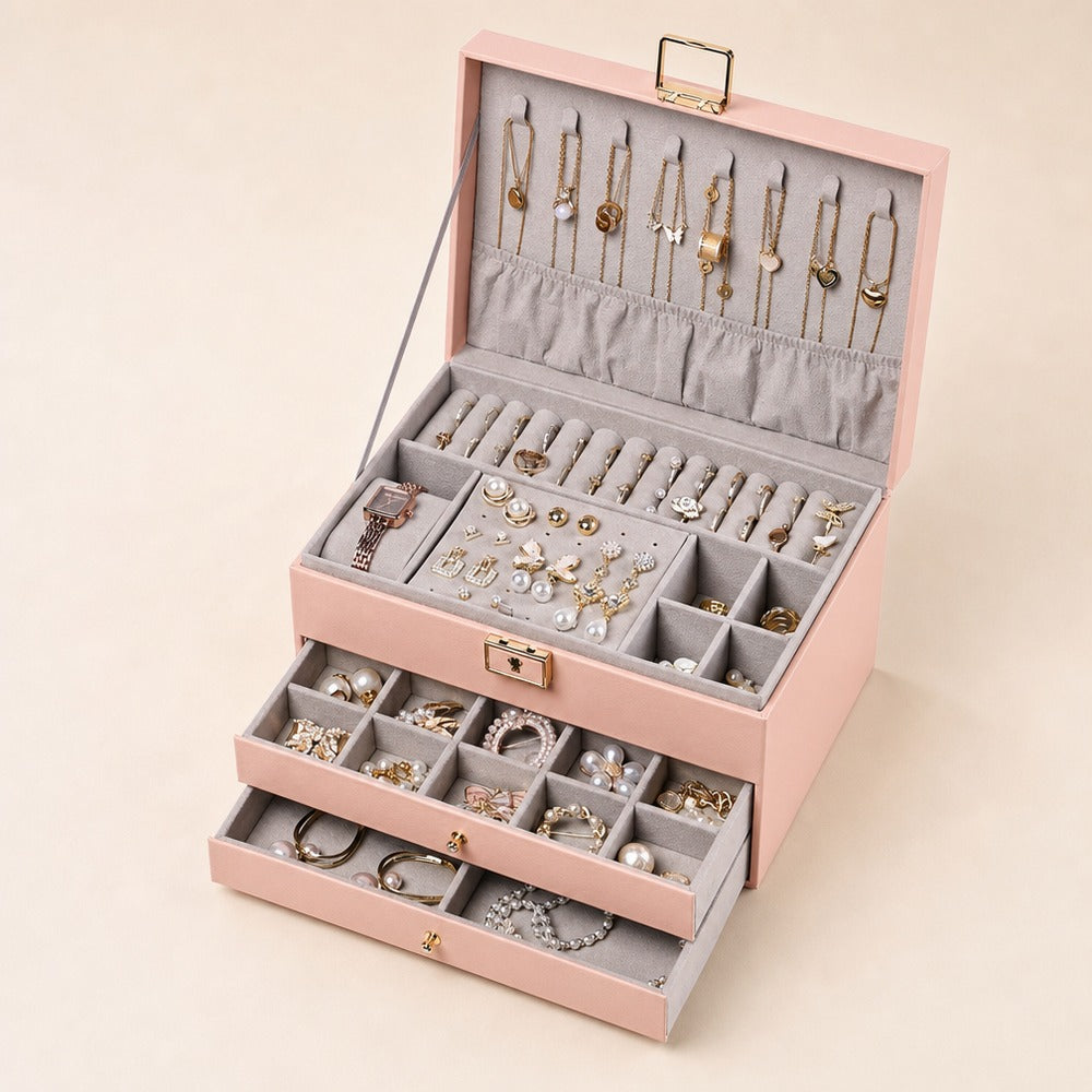 Quilted PU Leather Jewelry Box with 2 Drawers, Large Travel Jewelry Organizer Case for Ring Earring Necklace Bracelet, Gift for Women