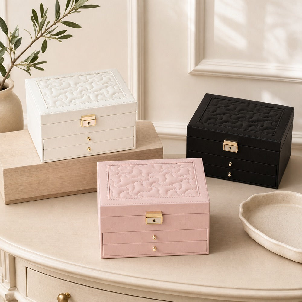 Quilted PU Leather Jewelry Box with 2 Drawers, Large Travel Jewelry Organizer Case for Ring Earring Necklace Bracelet, Gift for Women